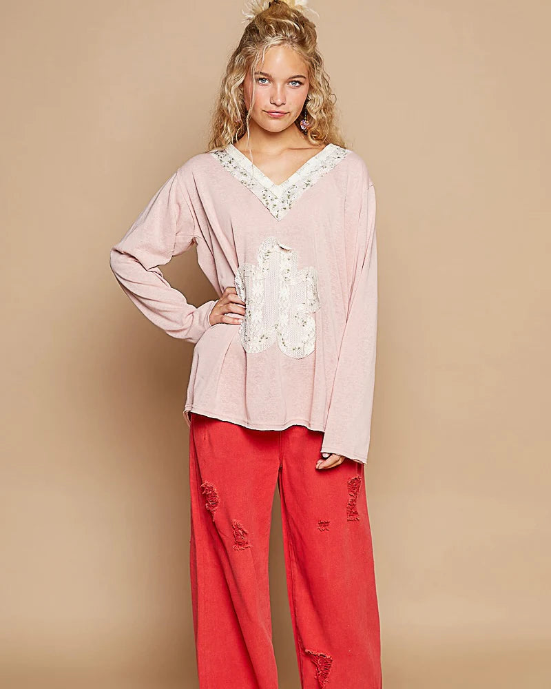 Blush Boho Patch Long Sleeve Oversized VNeck Top