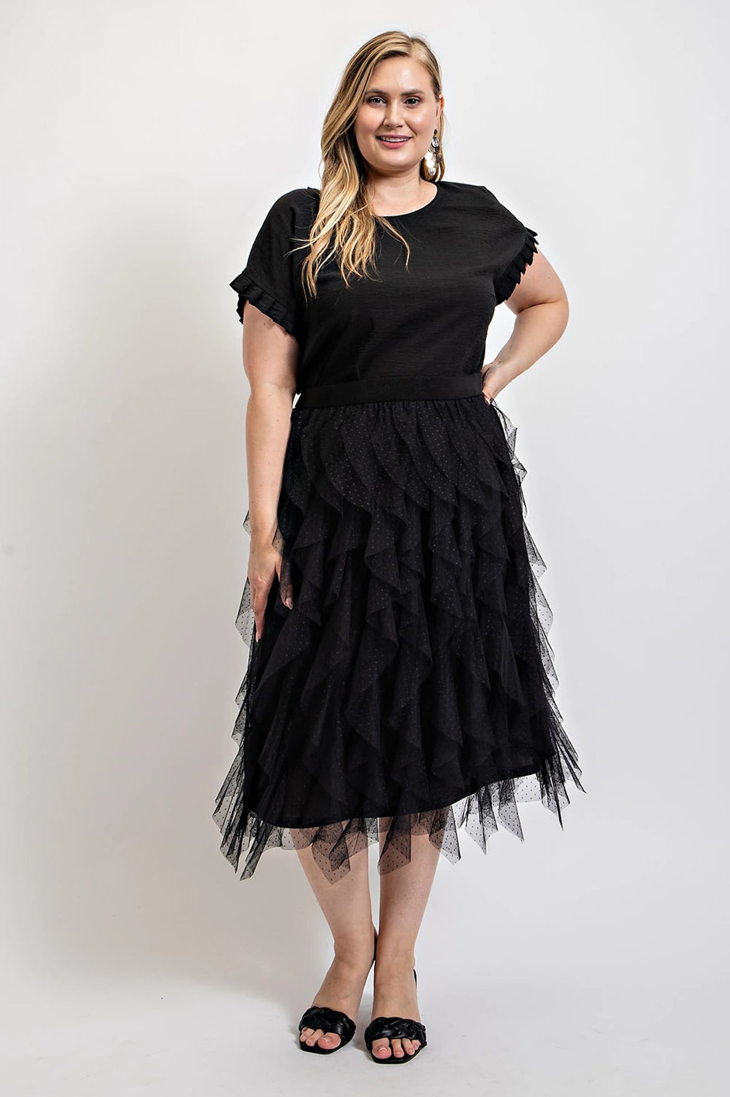 Ruffled Tulle Midi Skirt