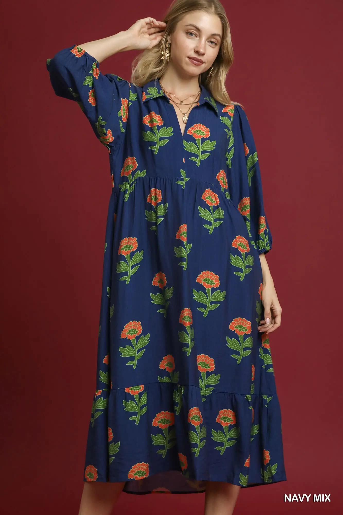 Floral Print Tiered Maxi Dress in Navy Mix