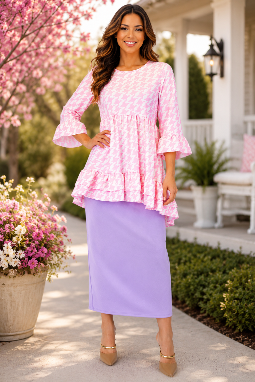Houndstooth Pink Baby Doll Top