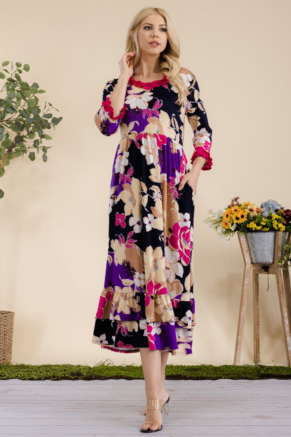 Floral Ruffle 3/4 Sleeve Midi Dress