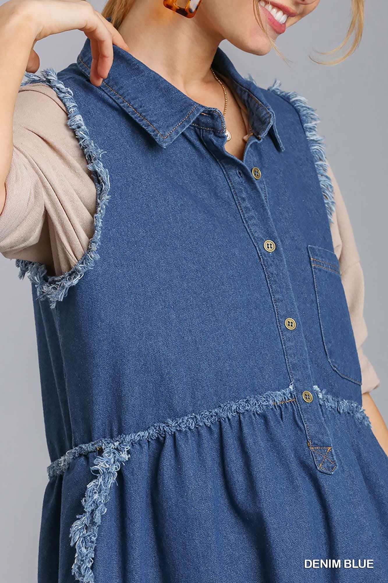 Denim Layering Vest with Frayed Hem