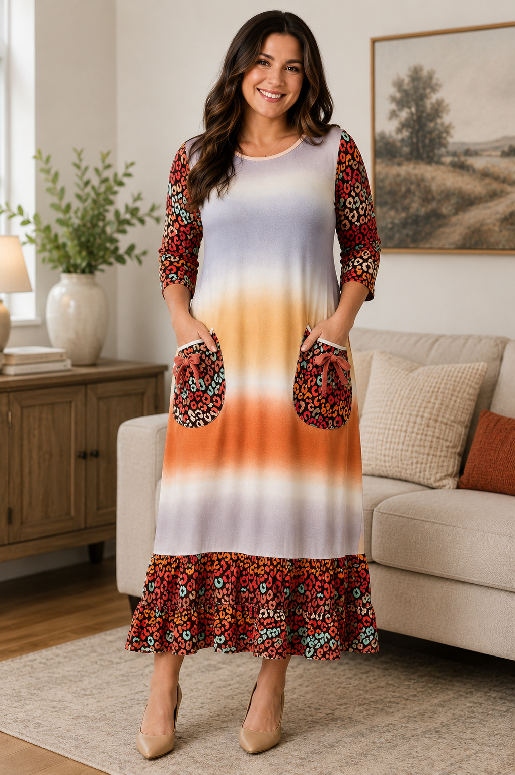 Autumn Wildfire Leopard Midi Dress
