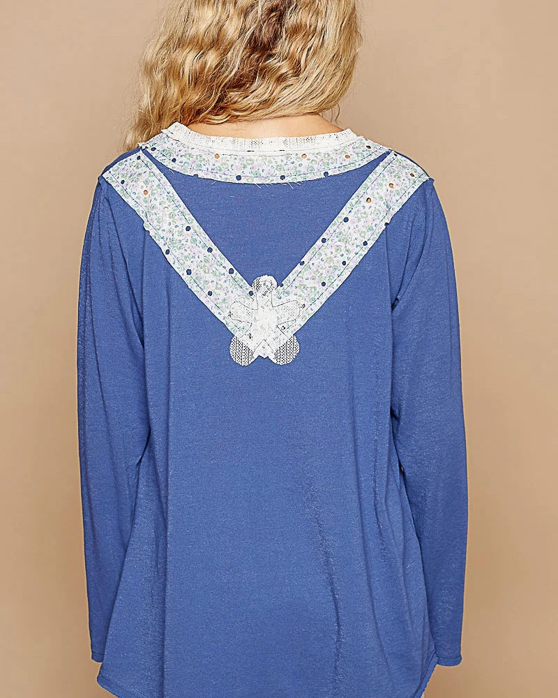 Blue Blush Boho Patch Long Sleeve Oversized VNeck Top