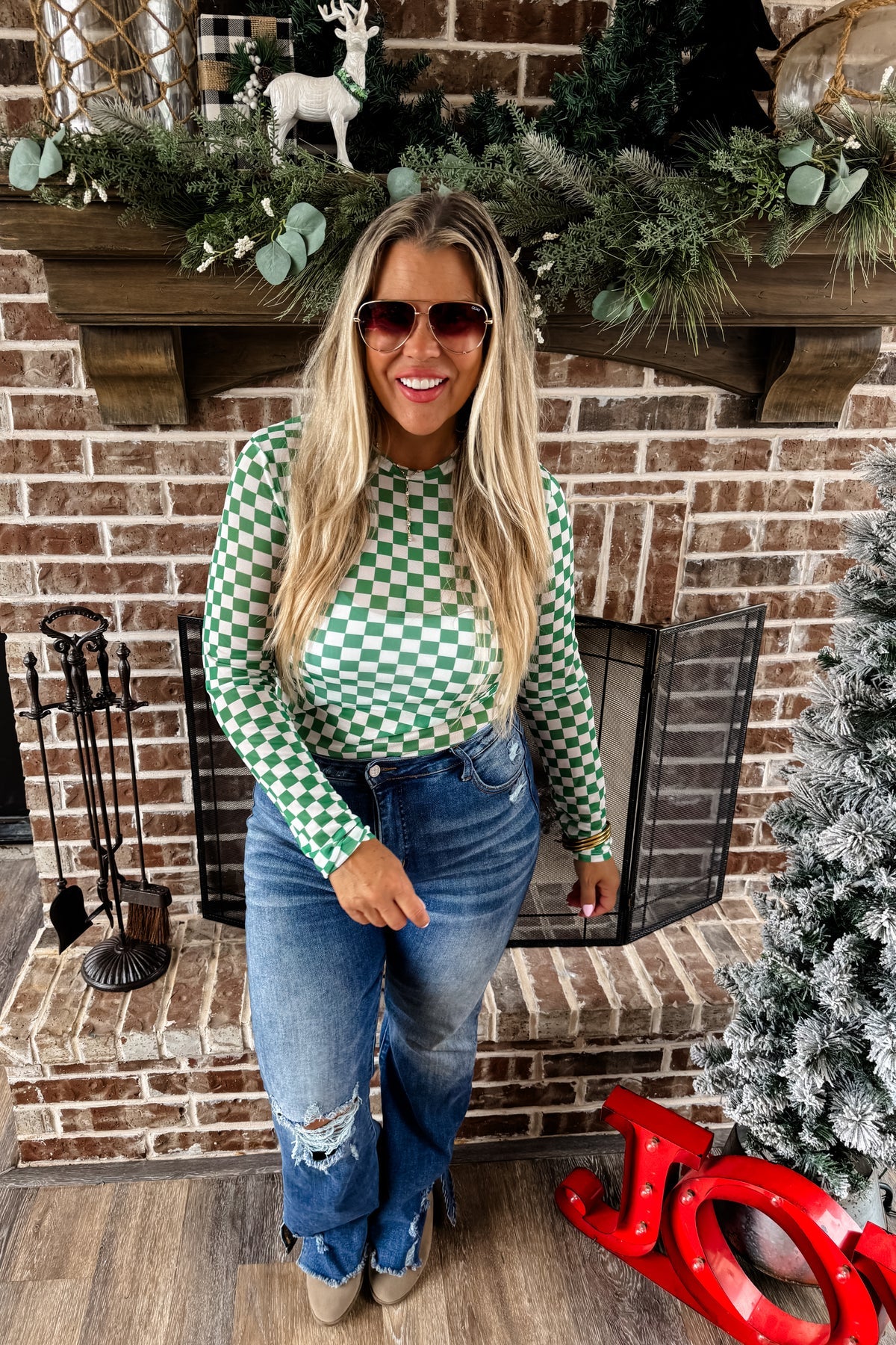 Green Checkered Mesh Top