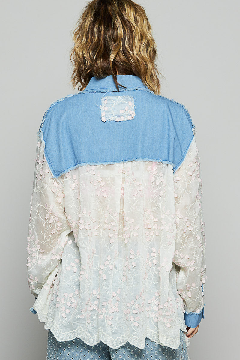 Light Denim pink lace Crochet shirt jacket 