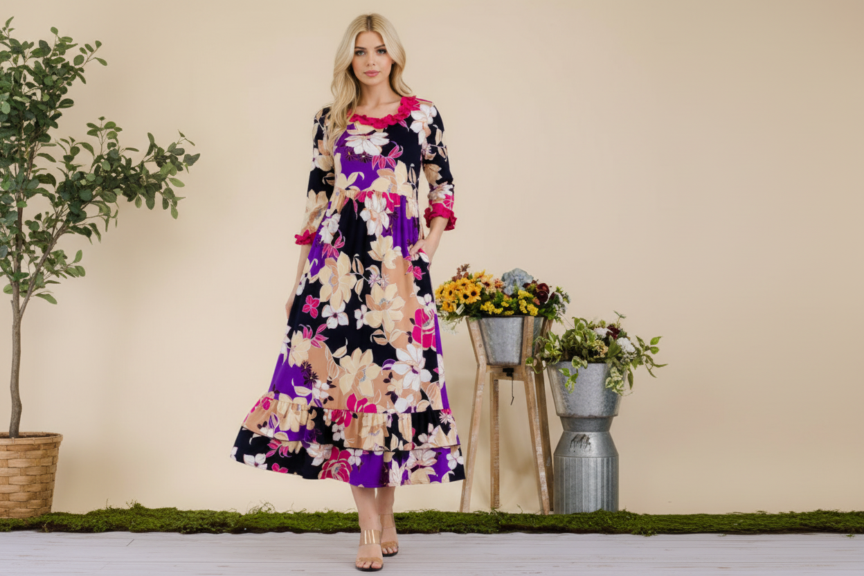 Floral Ruffle 3/4 Sleeve Midi Dress