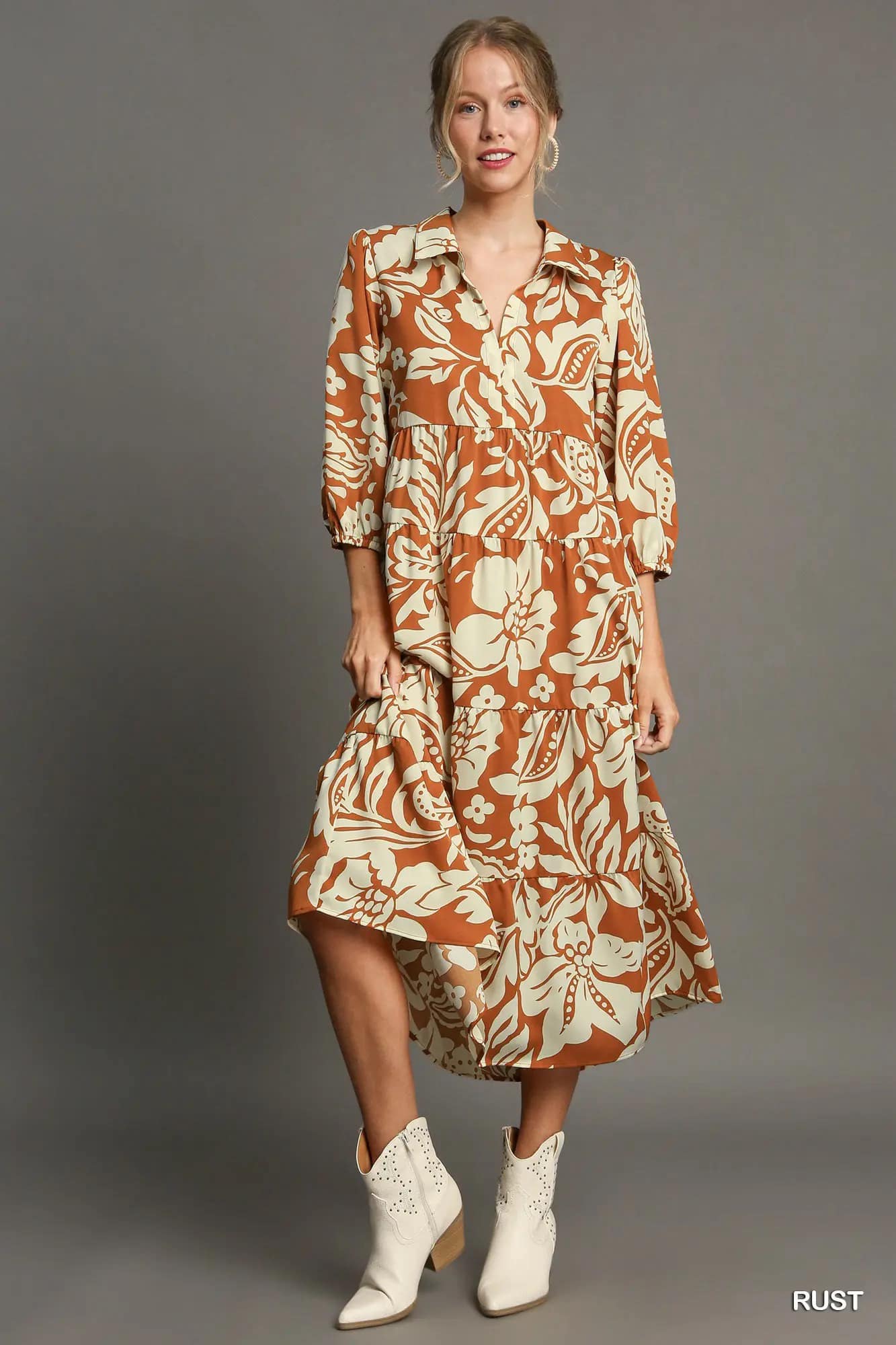 Rust Floral Print Midi Dress