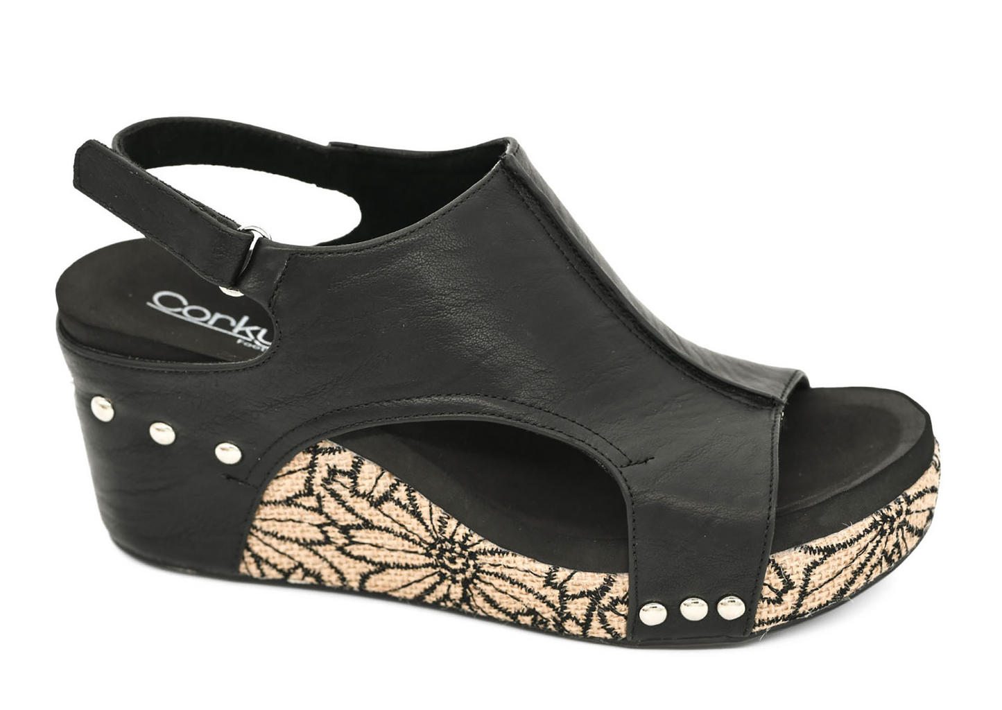 Carley• Black Floral Wrap wedge