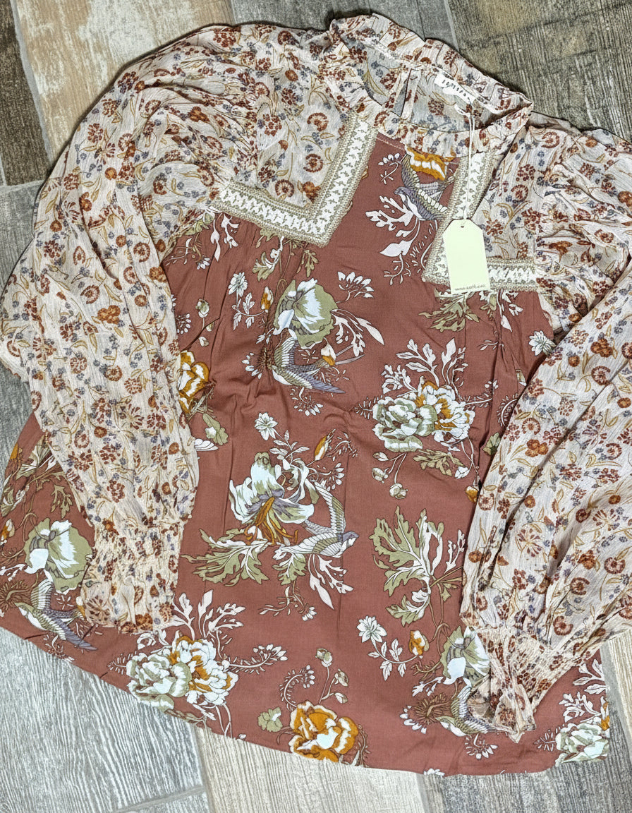 Brown Mixed Print Long
Balloon Sleeve Mock Neck Blouse
