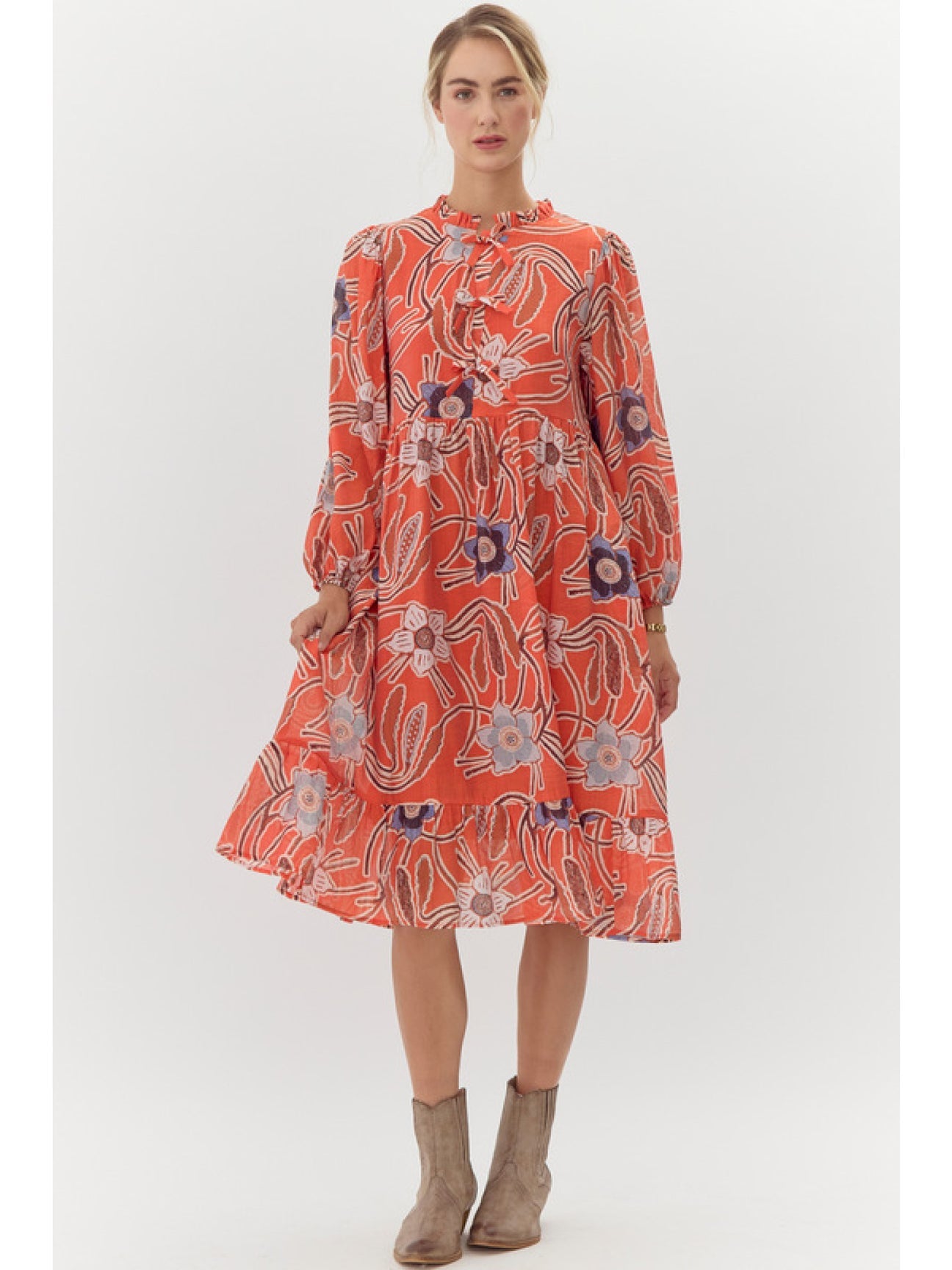 Alyssa• Orange Floral Midi Dress