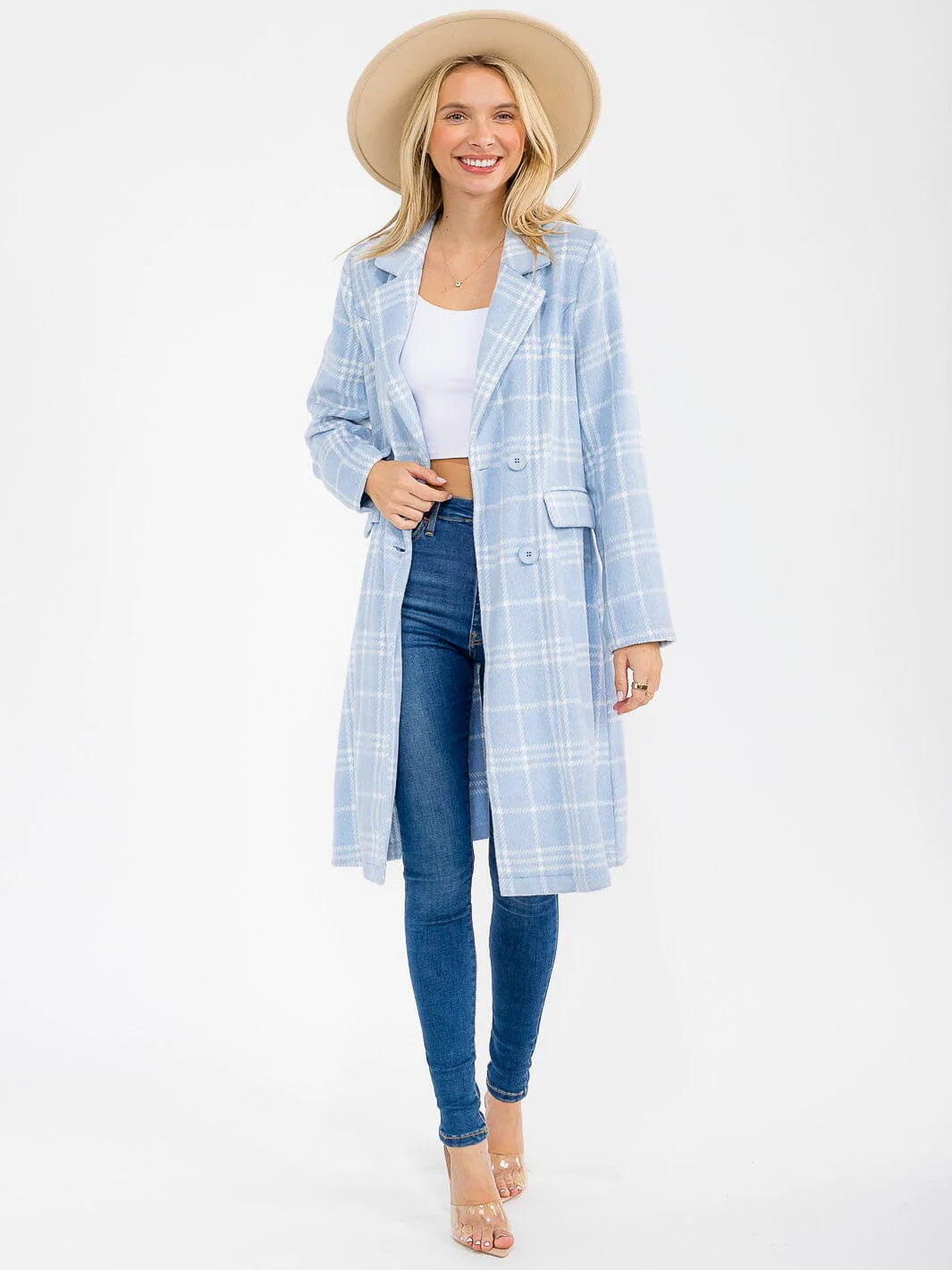 WOMEN'S LONG SLEEVE BUTTON CLOSURE PLAID COAT