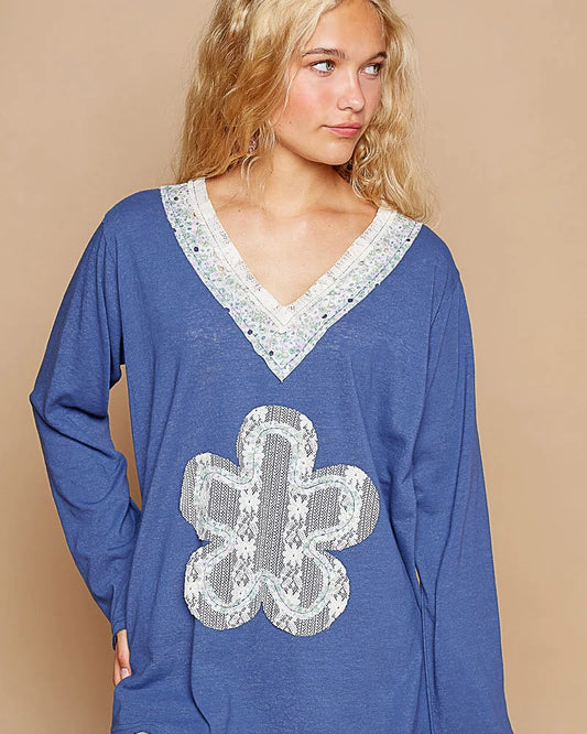 Blue Blush Boho Patch Long Sleeve Oversized VNeck Top