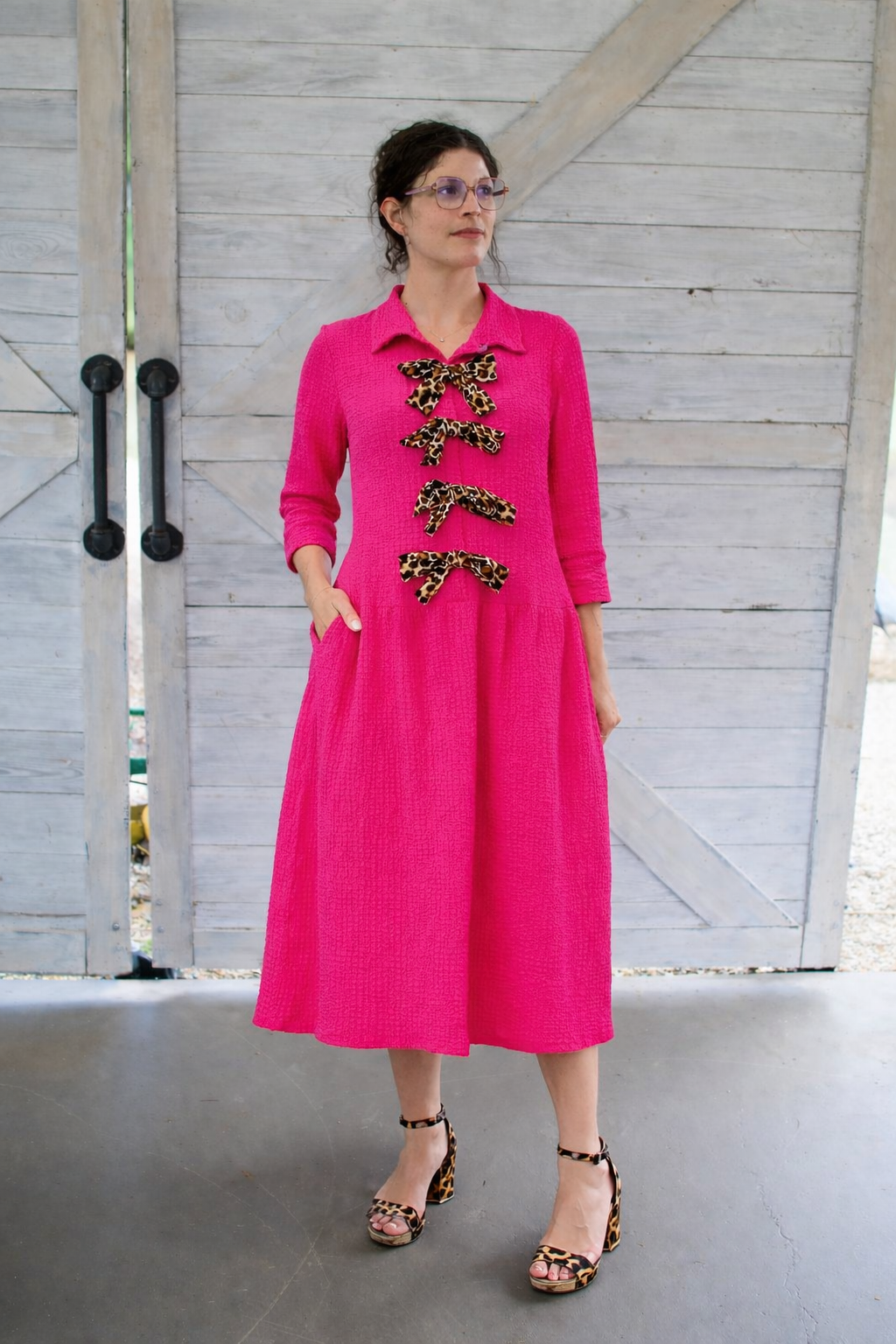 fuchsia Elegant Midi Dress with Leopard Bows• Fuchsia