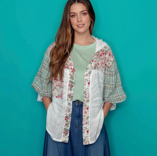 Cream Lace and Olive Floral Hoodie Shirket Top