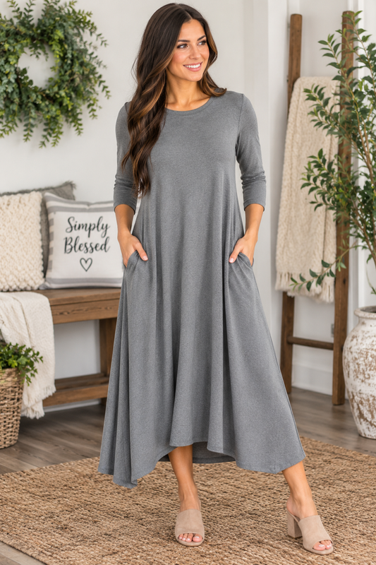 Charcoal Midi Dress with 3/4 Sleeves