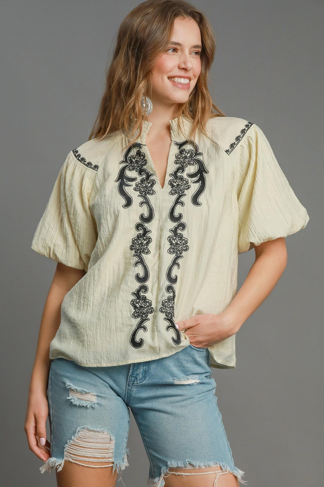 Beige Top with black embroidery