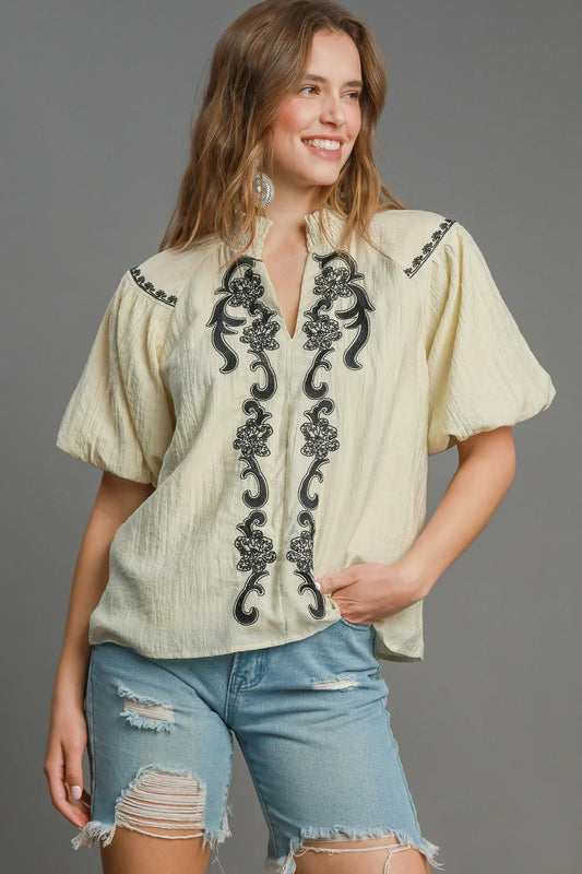 Beige Top with black embroidery