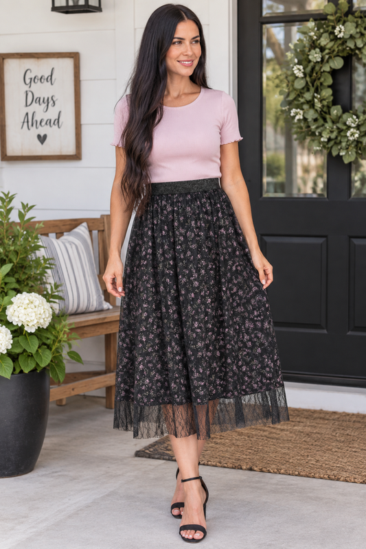 Tina• Black Floral and Lace Midi Skirt