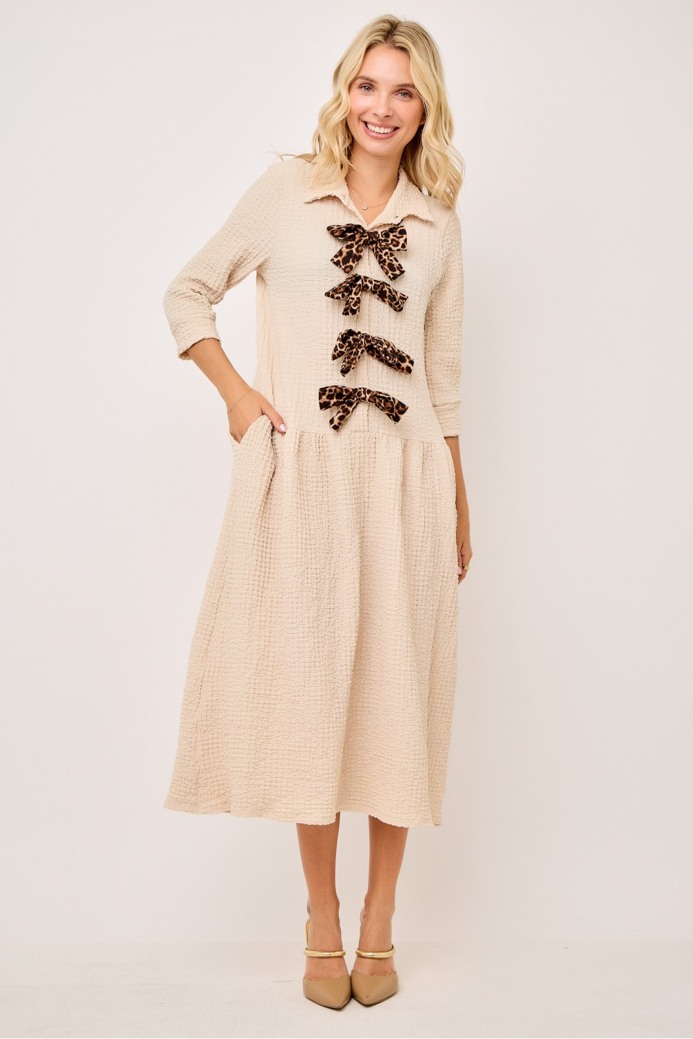 Elegant Midi Dress with Leopard Bows• Beige