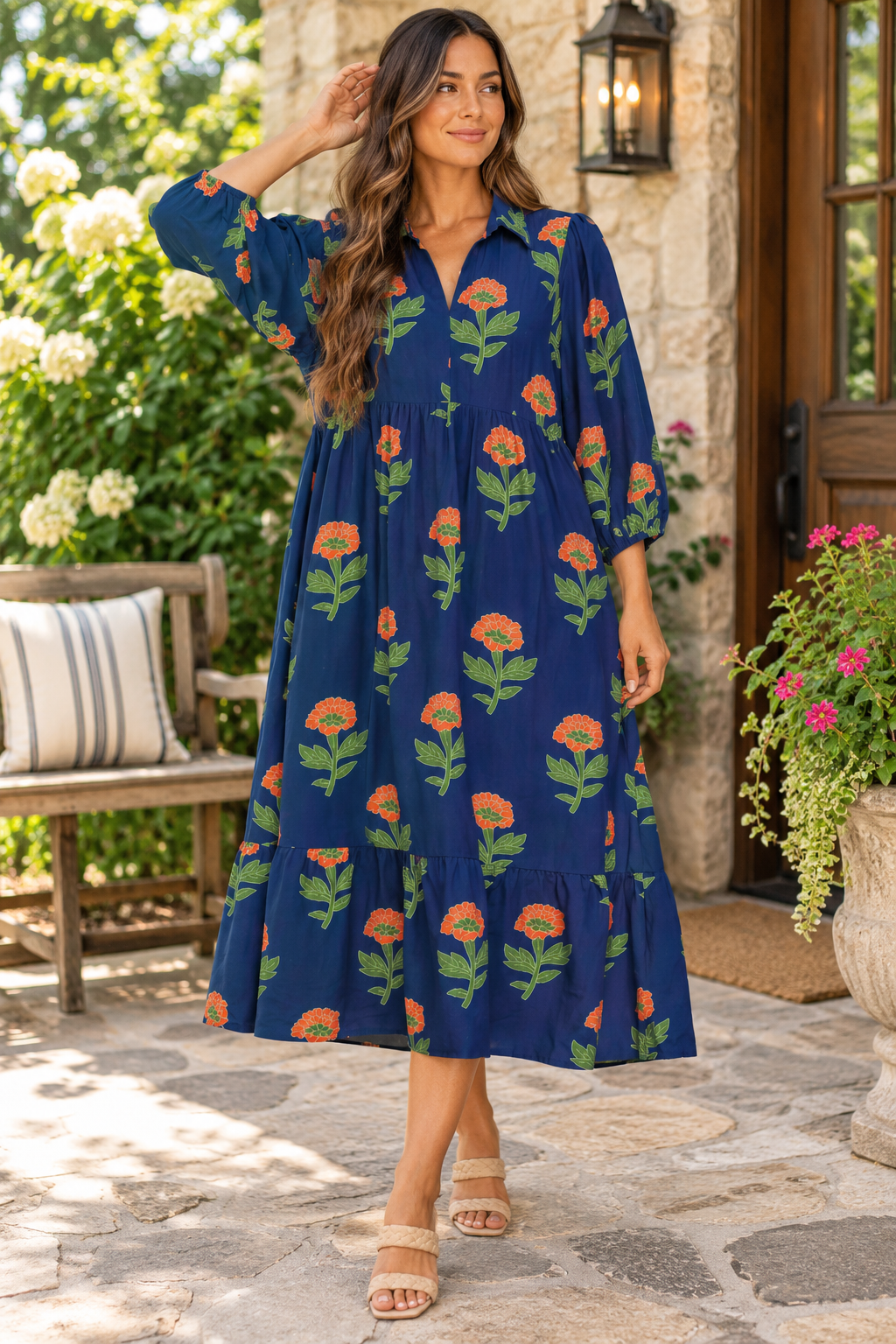 Floral Print Tiered Maxi Dress in Navy Mix