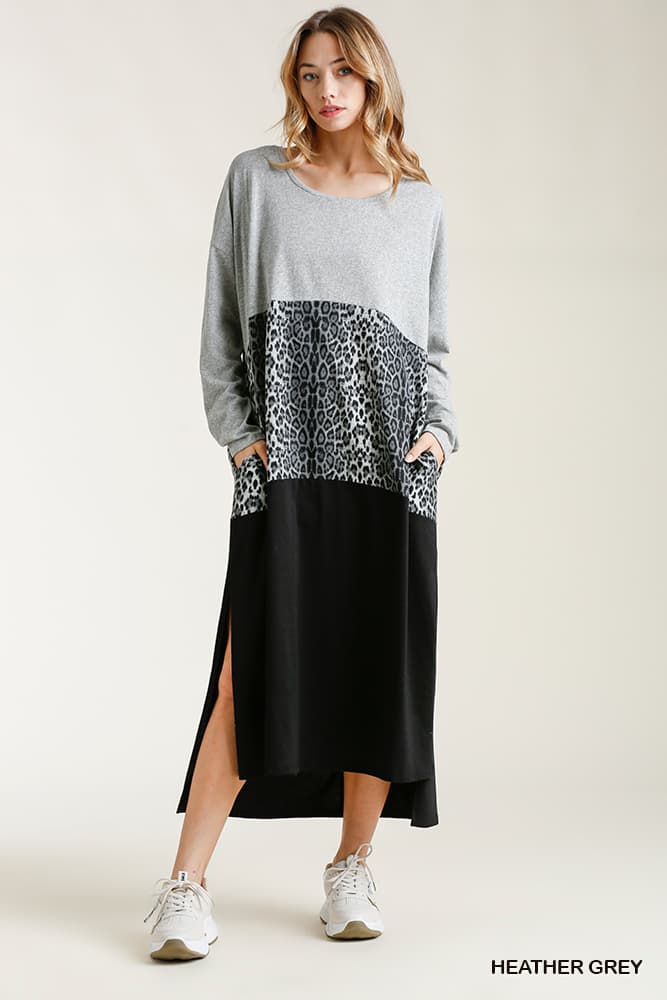 Animal Print Colorblock Long Sleeve Maxi Dress with Side Slits