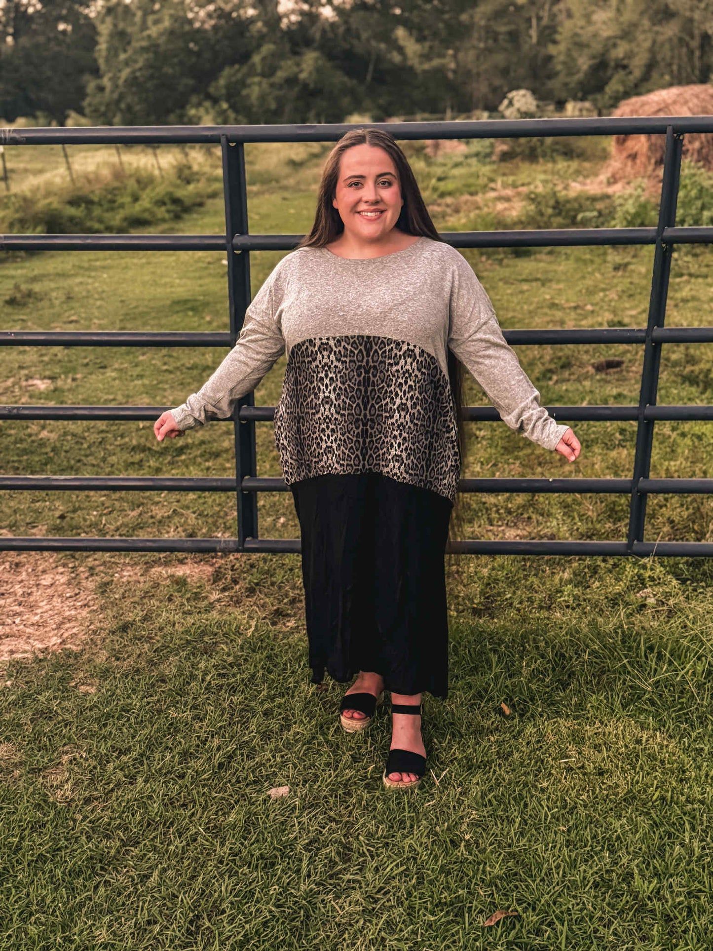 Animal Print Colorblock Long Sleeve Maxi Dress with Side Slits