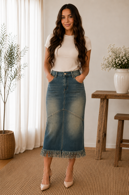 The Meadow Fringe Denim Maxi Skirt