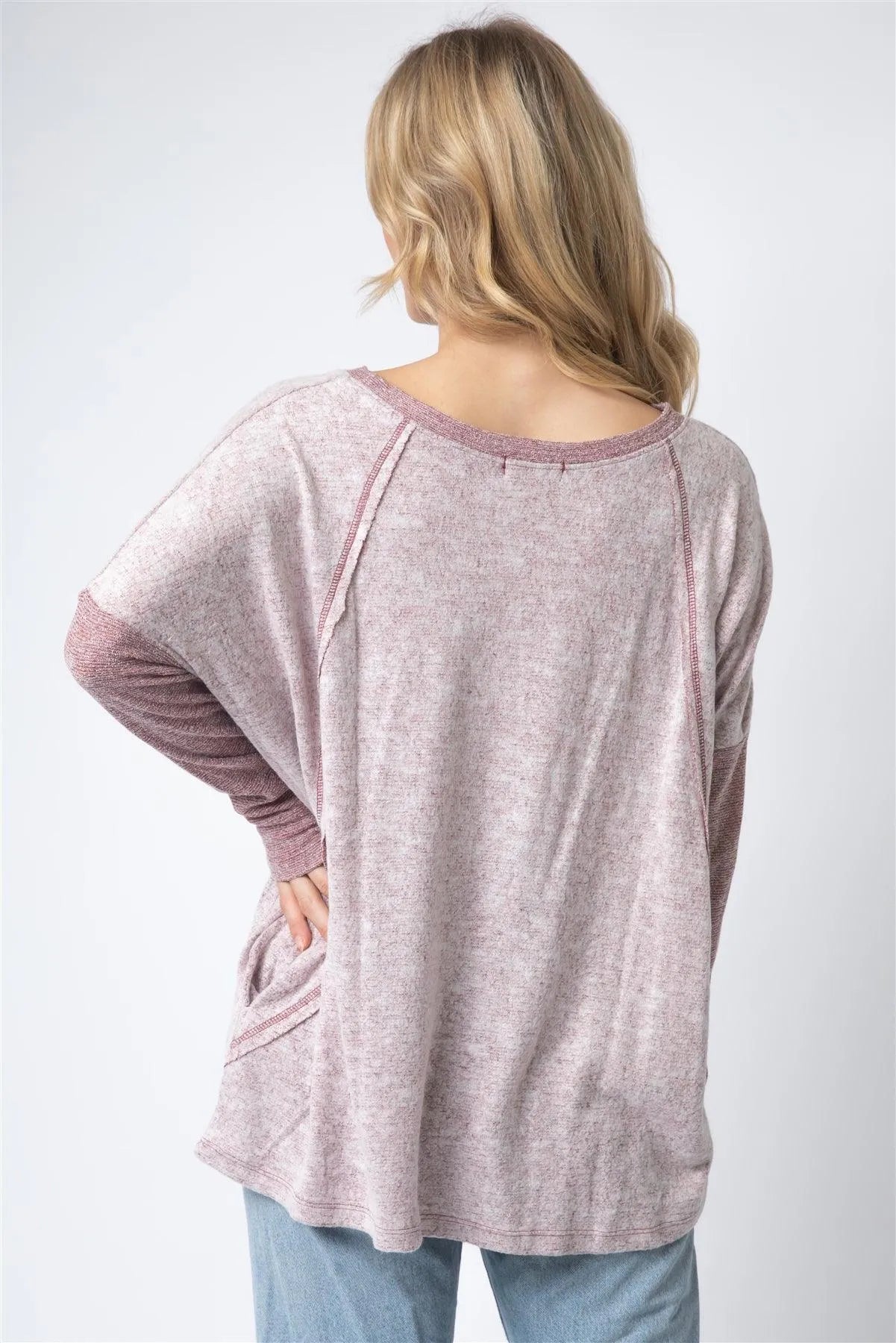 Burgundy Long Sleeve Round Neck Two Pocket Side Top