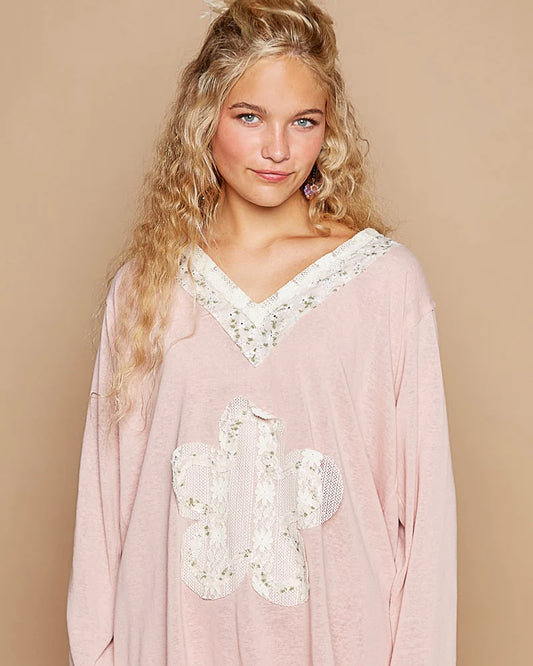 Blush Boho Patch Long Sleeve Oversized VNeck Top