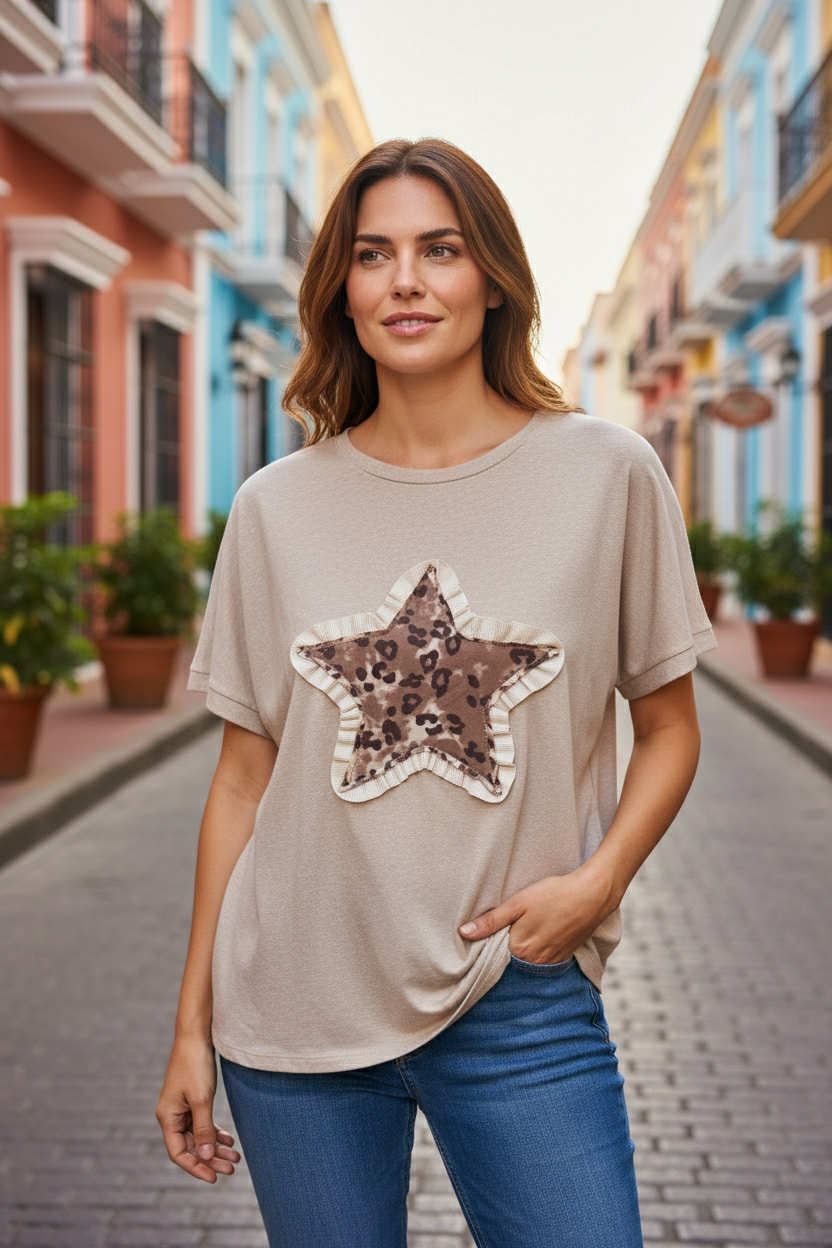 Tan Leopard Star Patch Top