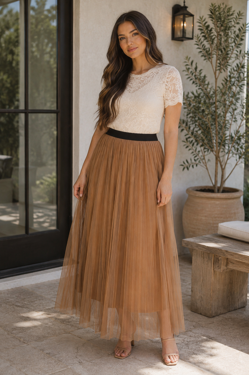 Camel Mesh Pleated Skirt