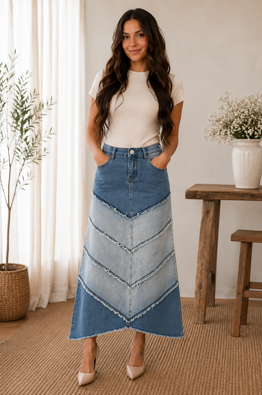 The Everlasting Chevron Denim Maxi Skirt