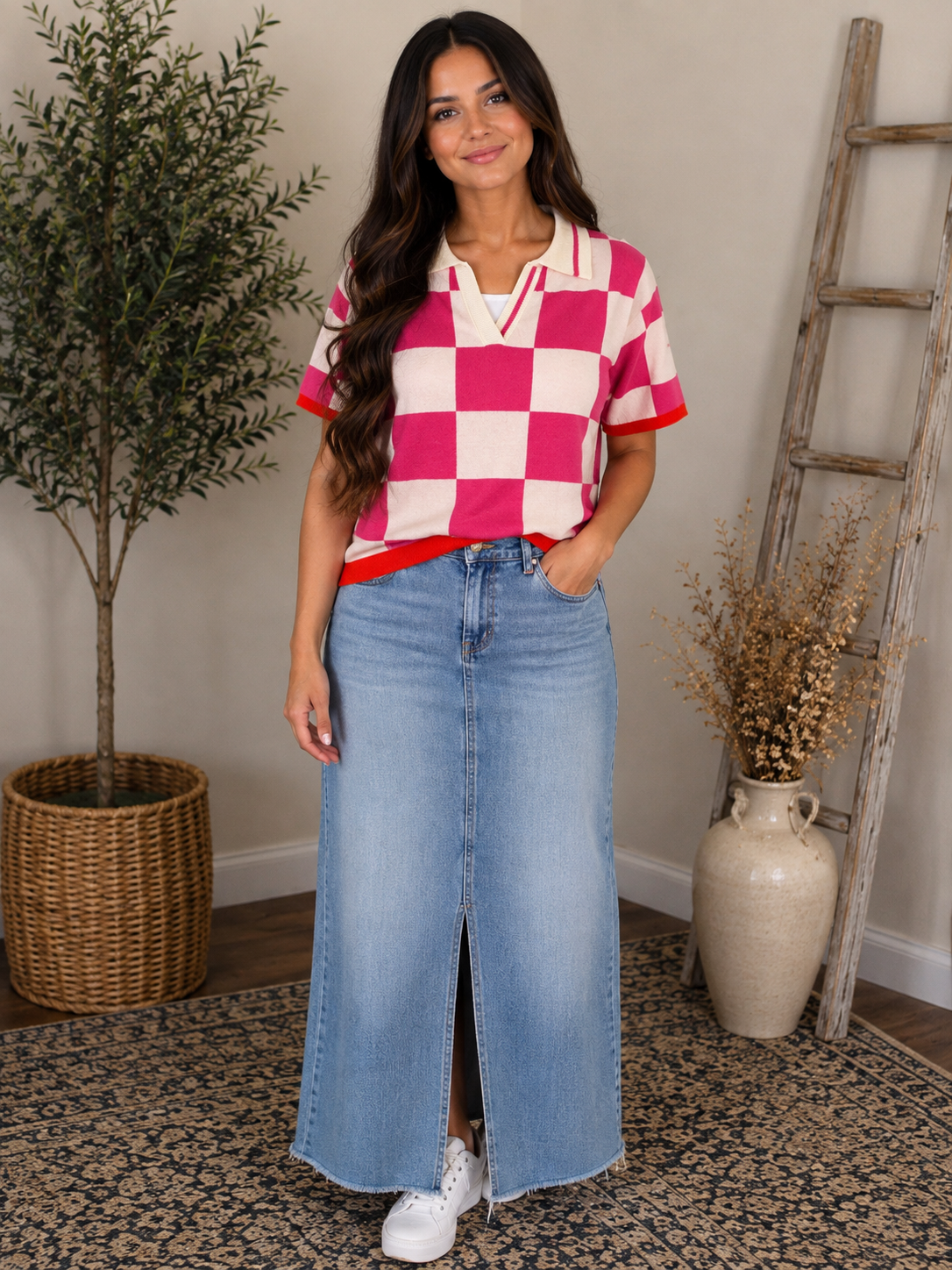 Pink & Cream Checkered Collared Top