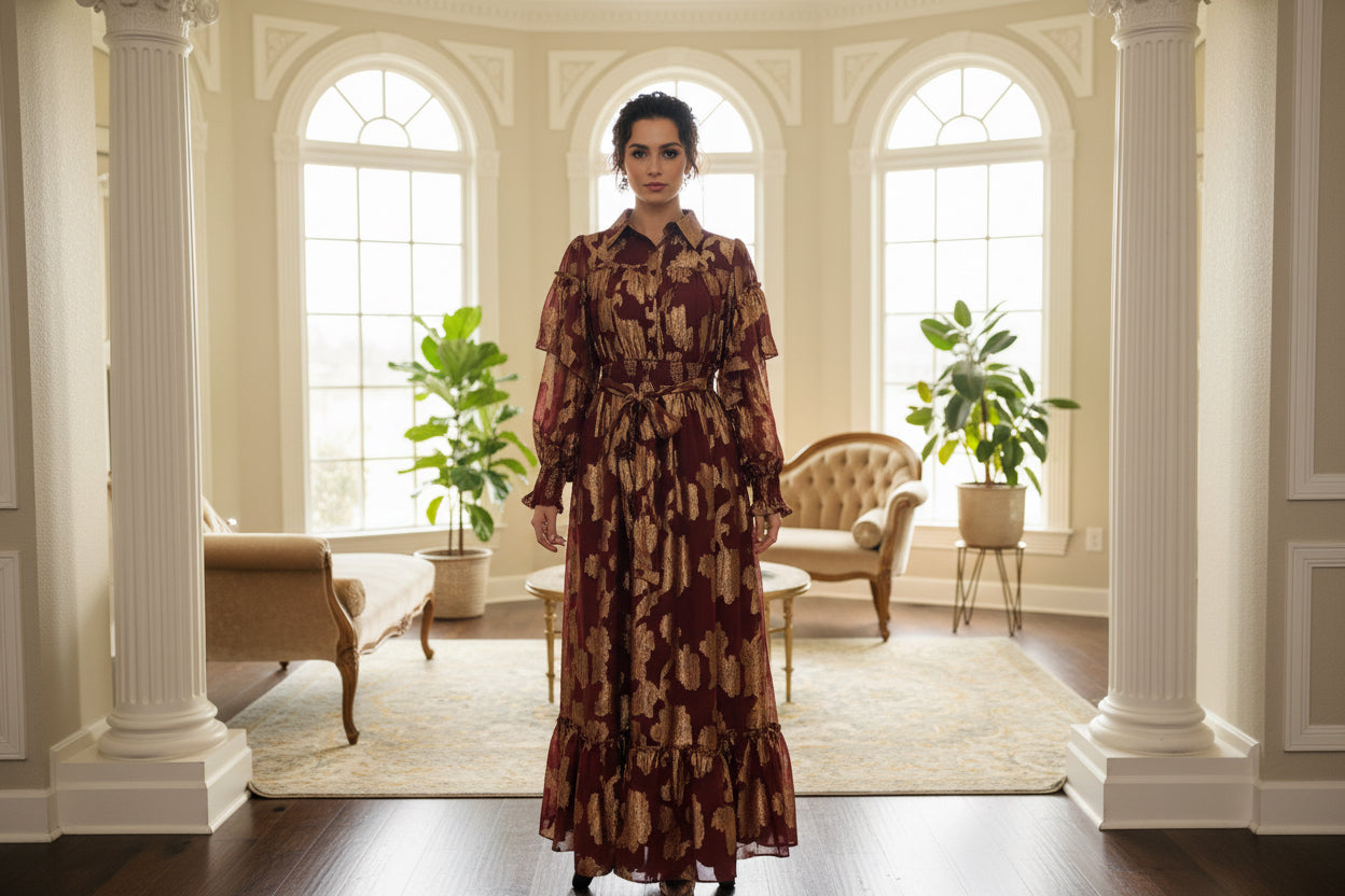 Metallic Floral Maxi Dress ￼