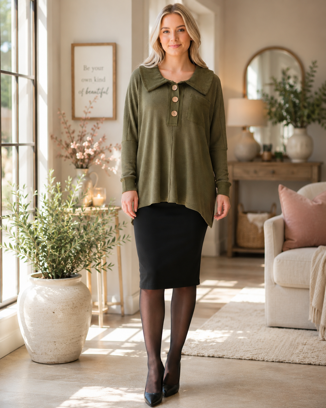 Waffle Knit Tunic Pullover Top