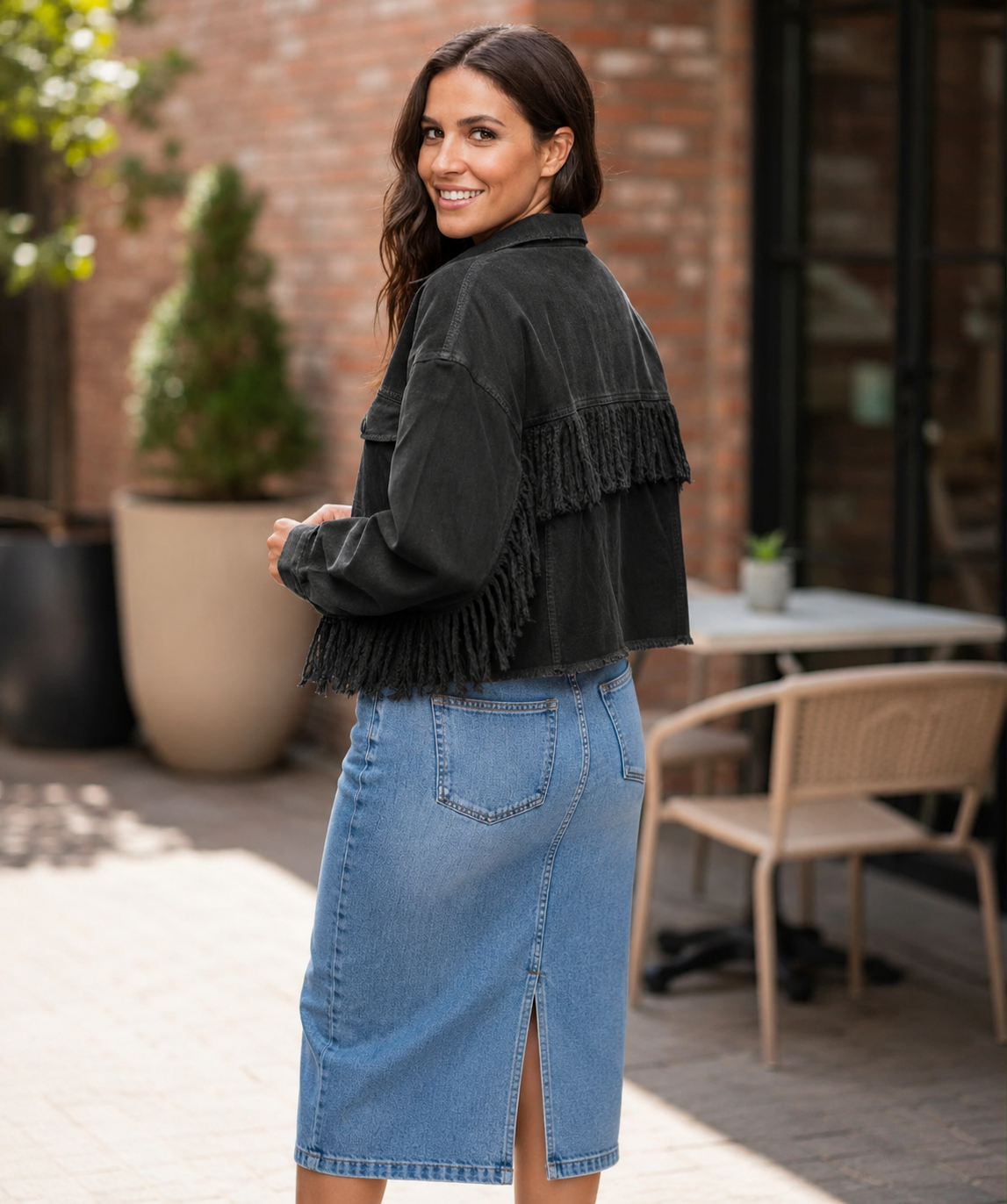 Black Frayed Fringed Denim Jacket
