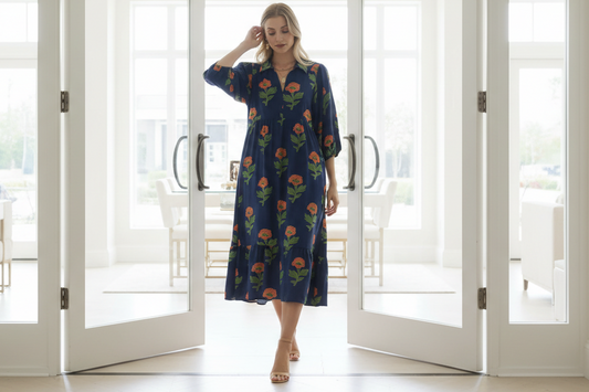 Floral Print Tiered Maxi Dress in Navy Mix