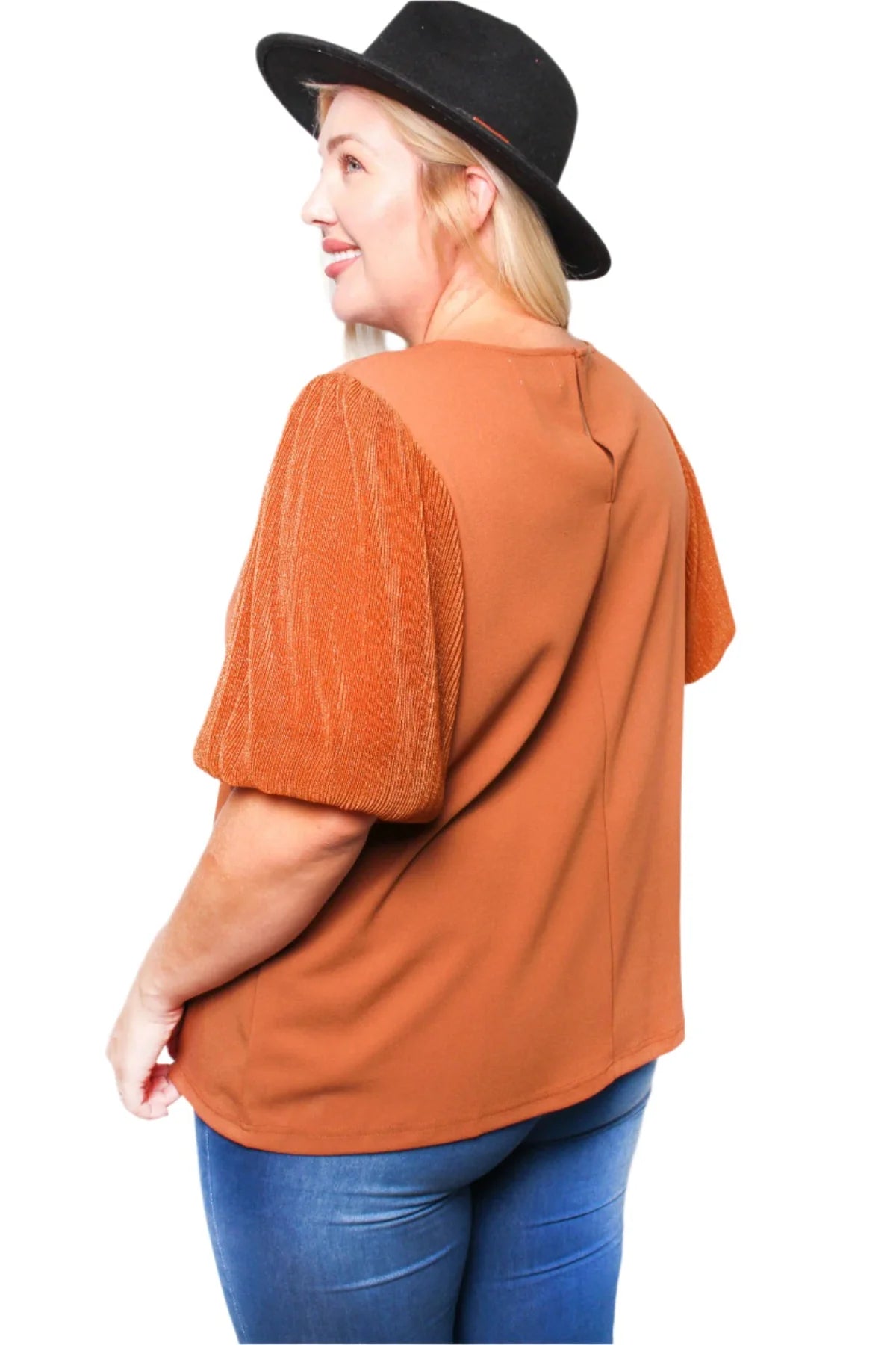 Rust Puff Sleeve Round Neck Blouse