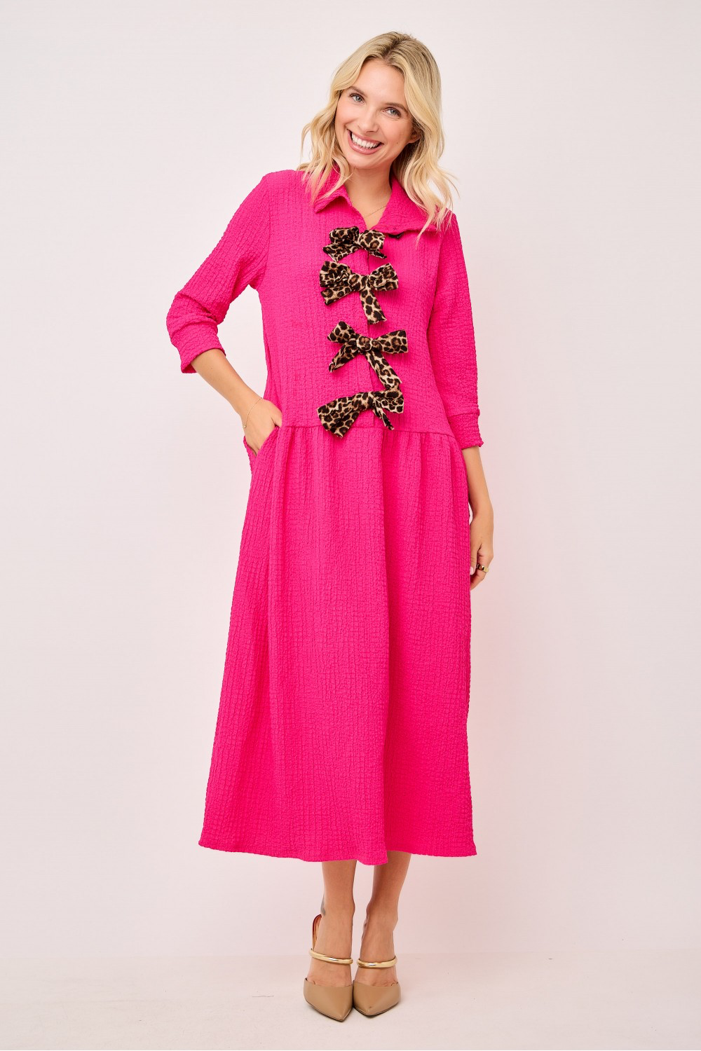 fuchsia Elegant Midi Dress with Leopard Bows• Fuchsia