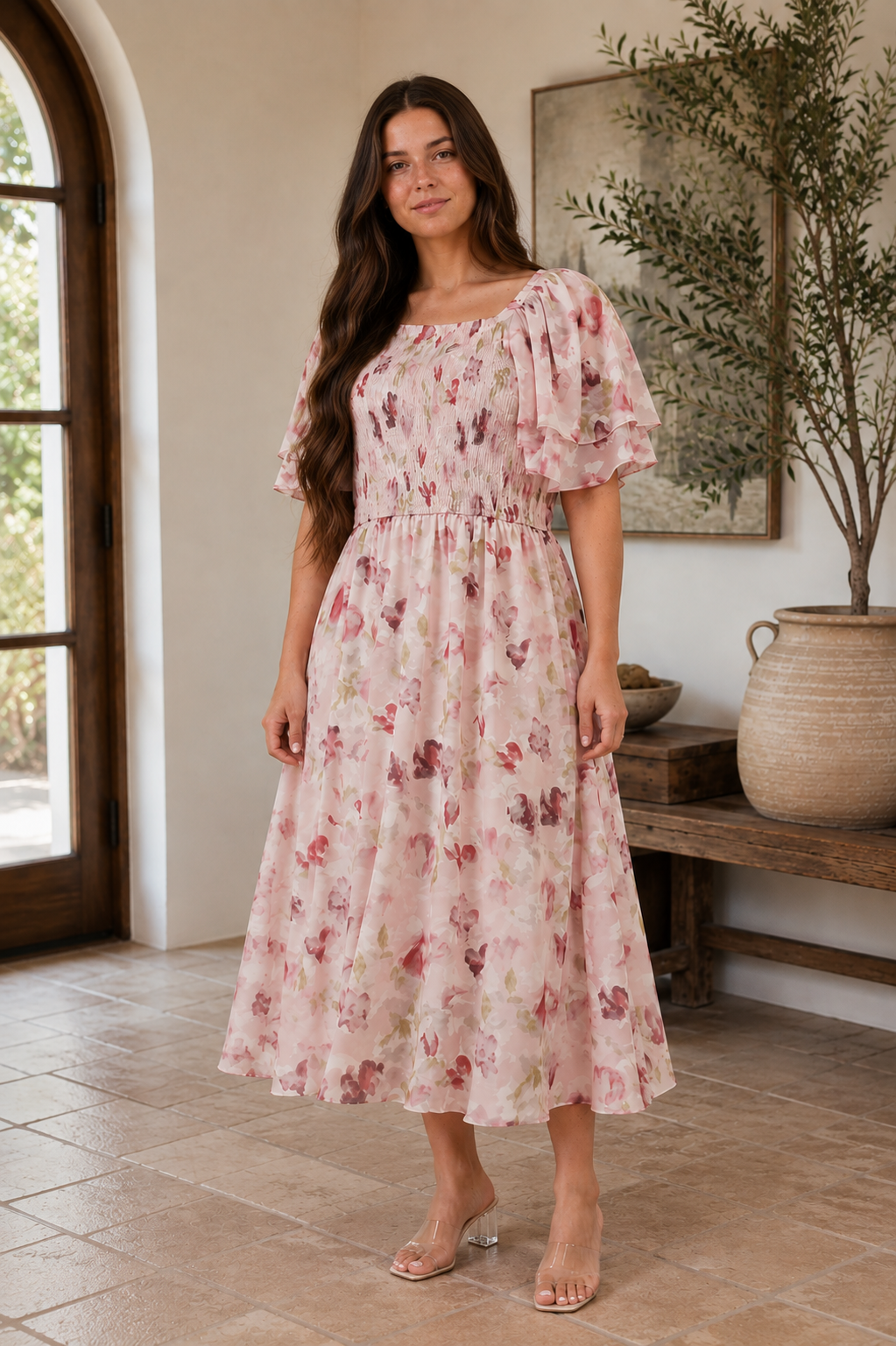 Blush Smocked Floral Dress• one left