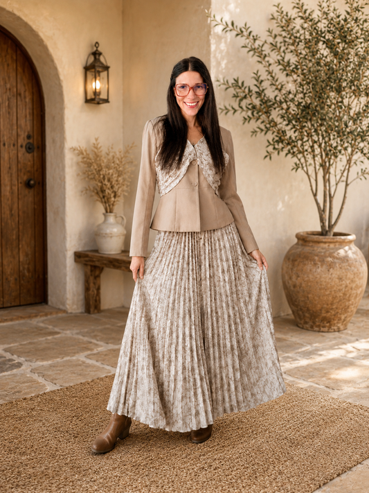 LONG SLEEVE BLAZER & ELASTIC WAIST MAXI SKIRT FLORAL PLEATED 2PC. SET