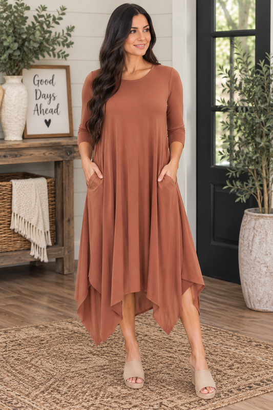 Solid 3/4 Sleeve Pocket Front Hi Lo Maxi Dress