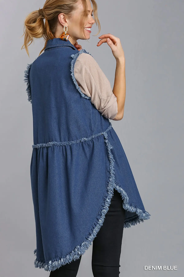 Denim Layering Vest with Frayed Hem