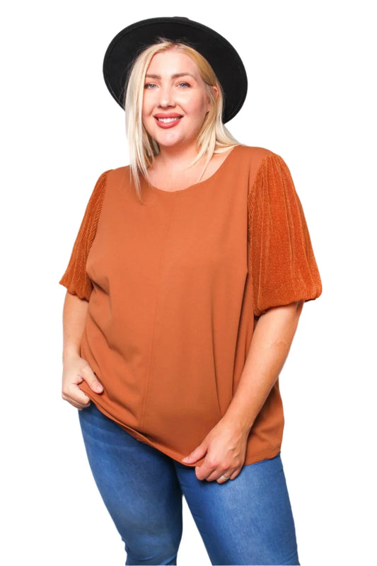 Rust Puff Sleeve Round Neck Blouse