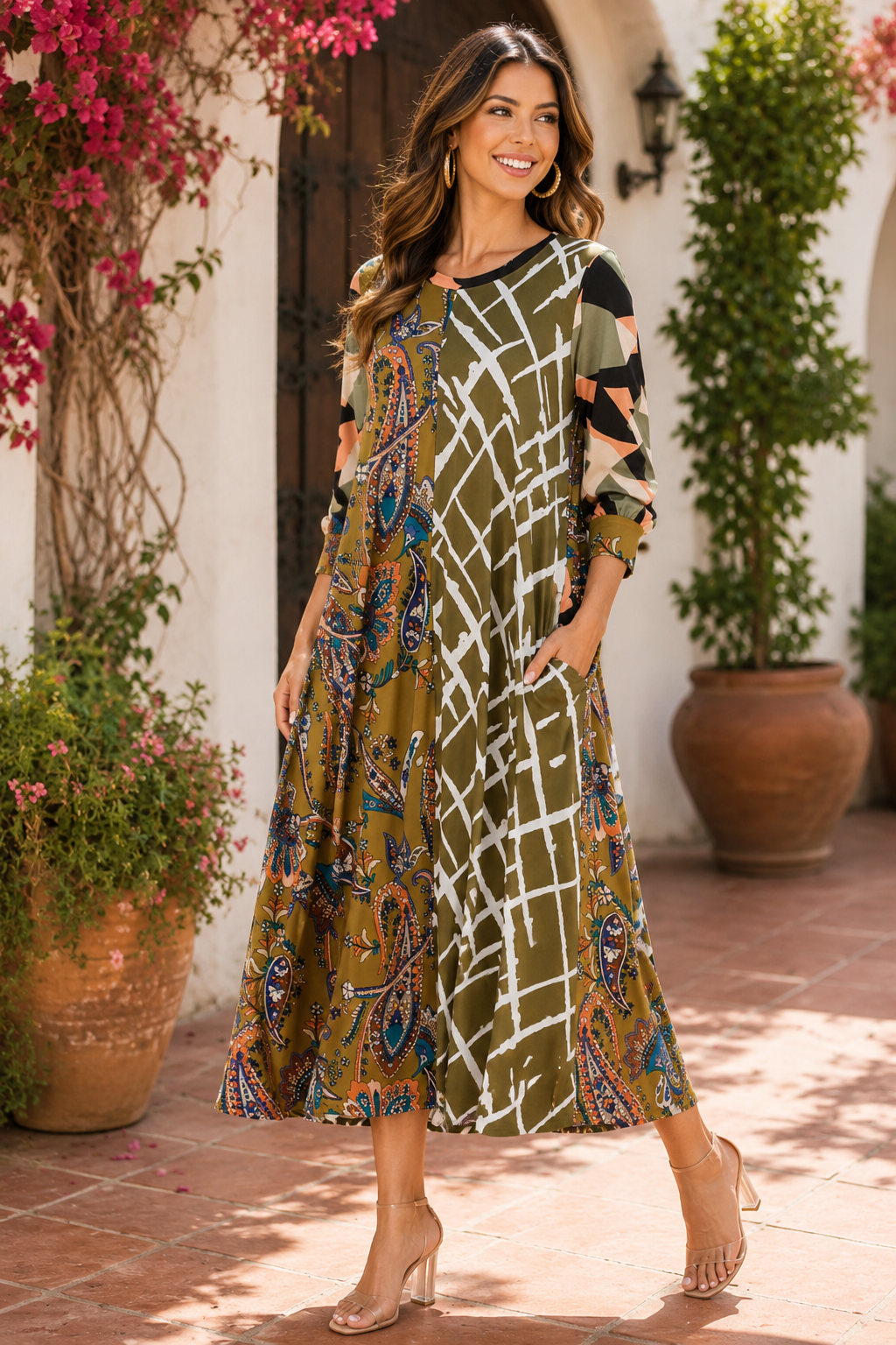 Olive Patchwork Elegance Maxi Dress