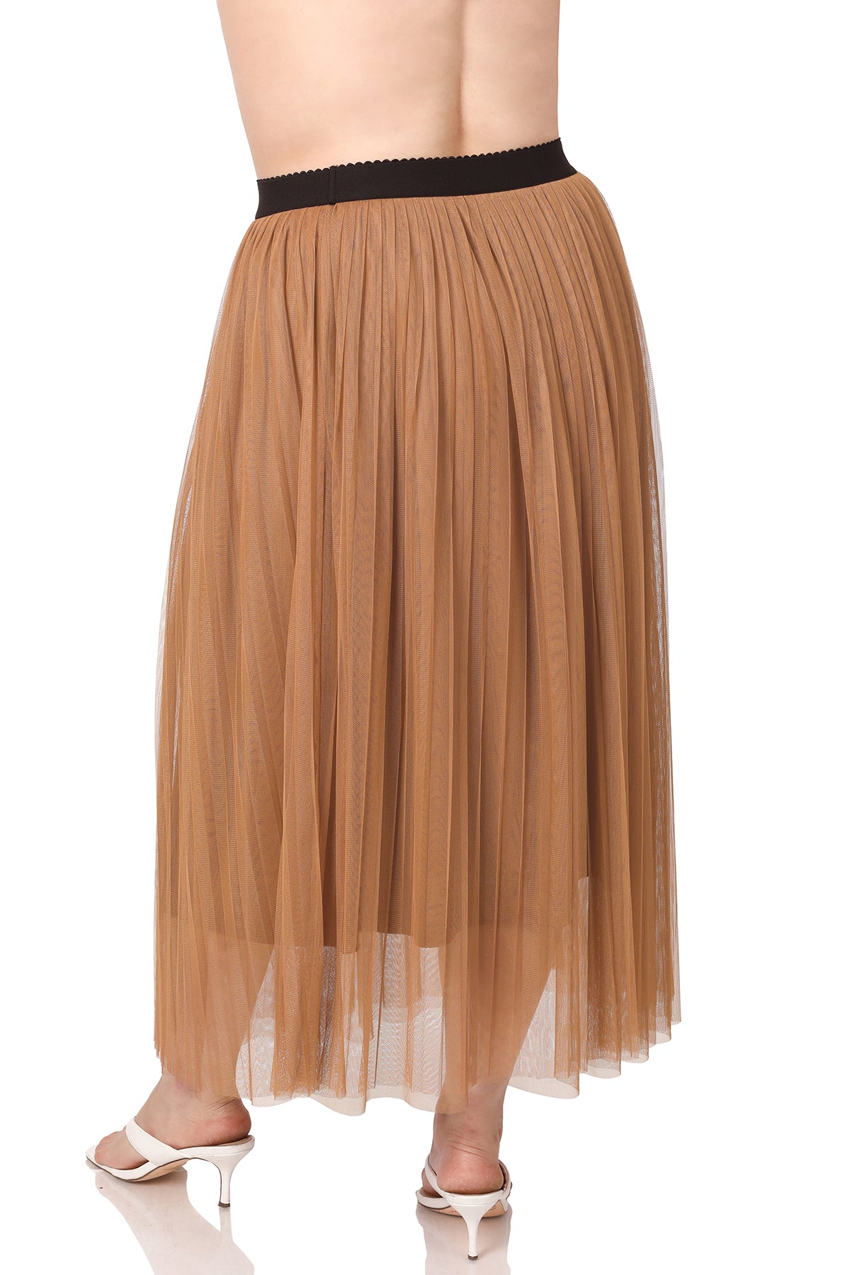 Camel Mesh Pleated Skirt