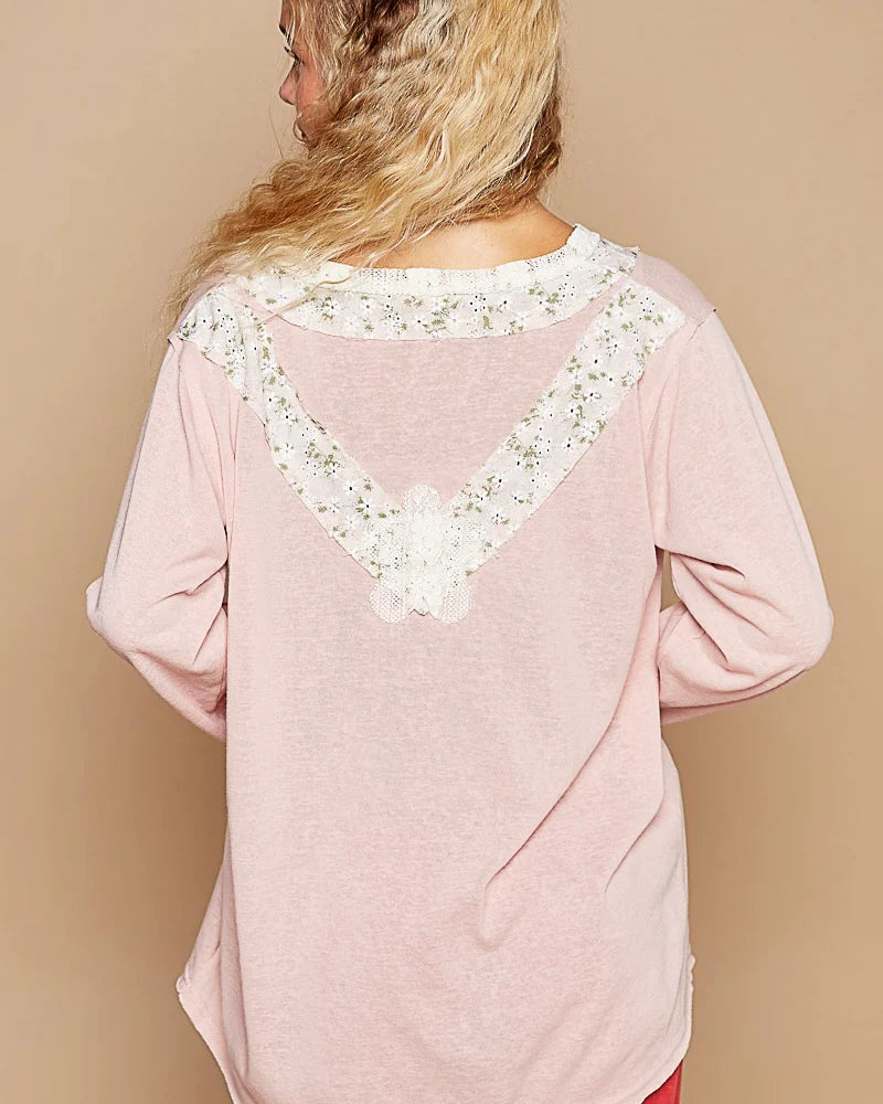 Blush Boho Patch Long Sleeve Oversized VNeck Top