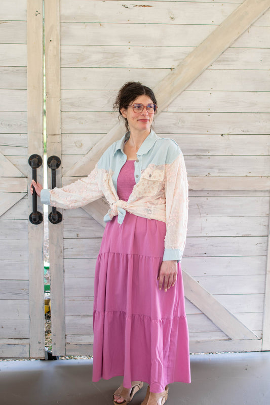 Light Denim pink lace Crochet shirt jacket ￼