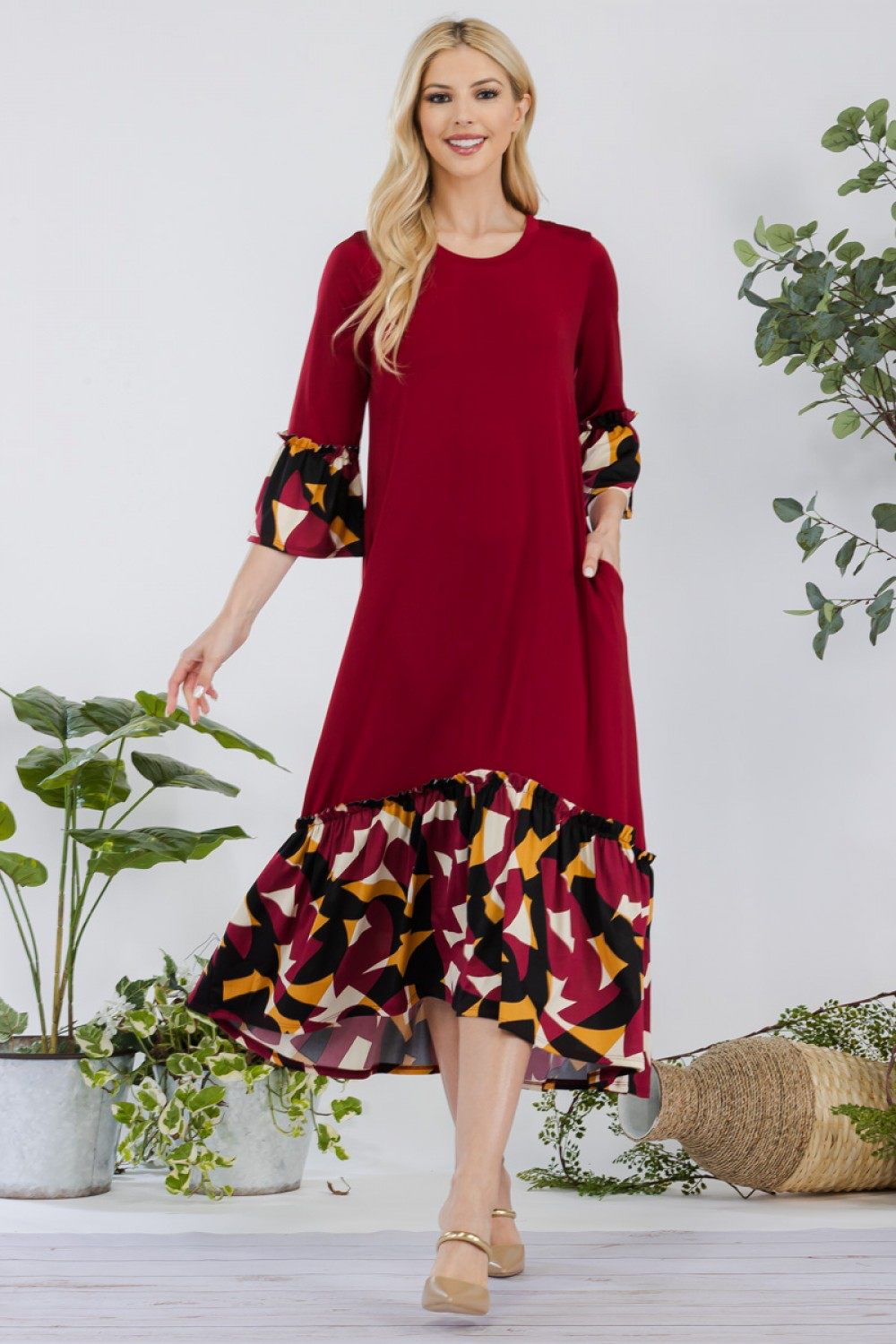 Autumn Mosaic Ruffle Midi Dress